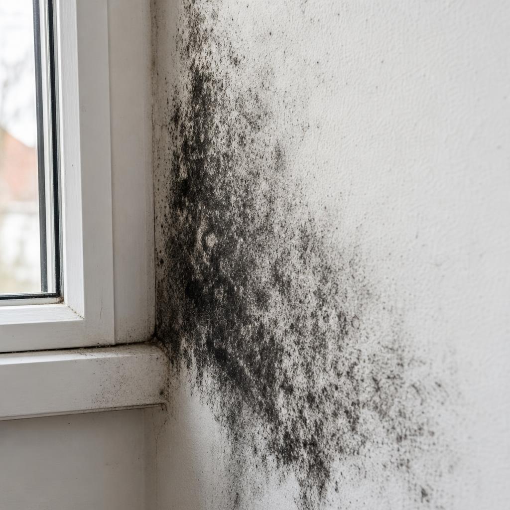 Sorte skimmelpletter på en hvid væg i en dansk bolig